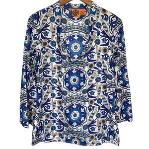 Tory Burch Stephanie Blue Alhambra Cotton Sequin Embellished Tunic Top Size 8